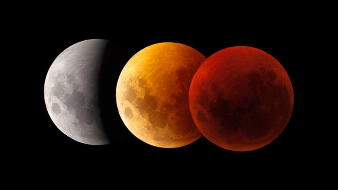 Stages of a total lunar eclipse showing the Moon changing from bright to dark and reddish as it moves through Earth’s shadow.