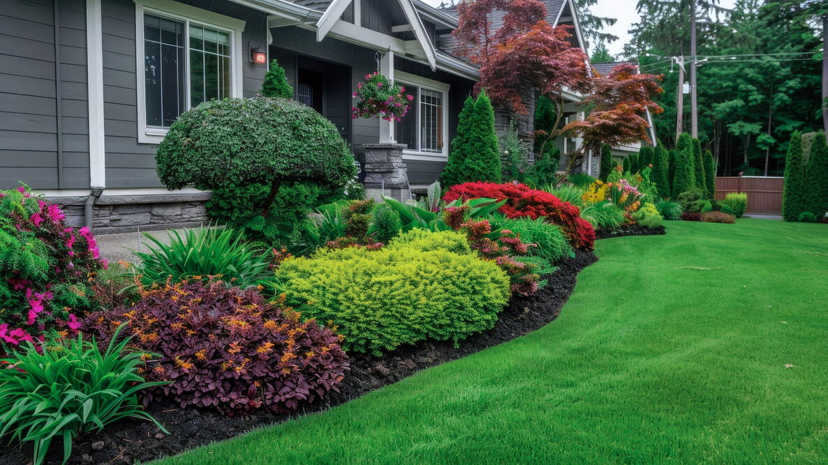 A picturesque and colorful front yard featuring a meticulously maintained garden bed filled with a diverse array of plants.