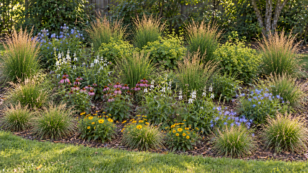 Perennial flower garden layout with coneflowers, bluestar, coreopsis, ornamental grasses, and obedient plant.