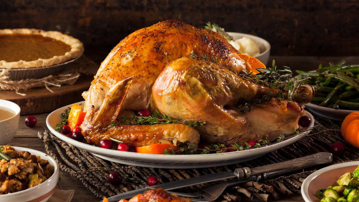 Thanksgiving Dinner, turkey and all the fixings, pumpkin pie