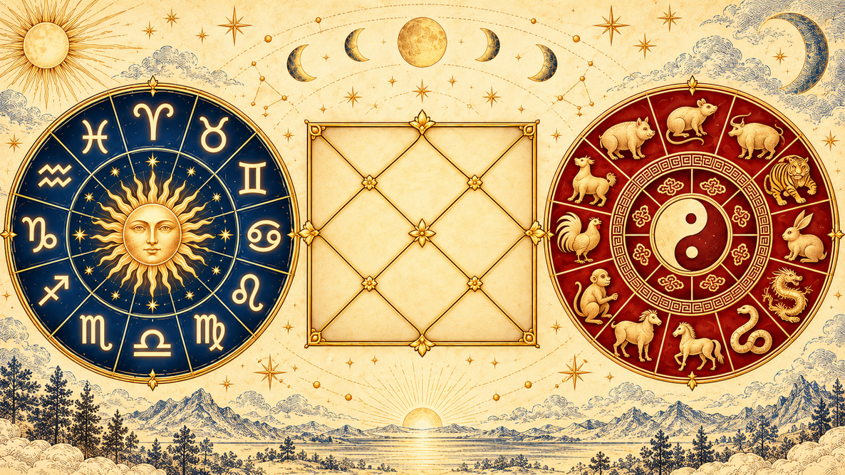 illustration of Western, Vedic, and Chinese astrology 