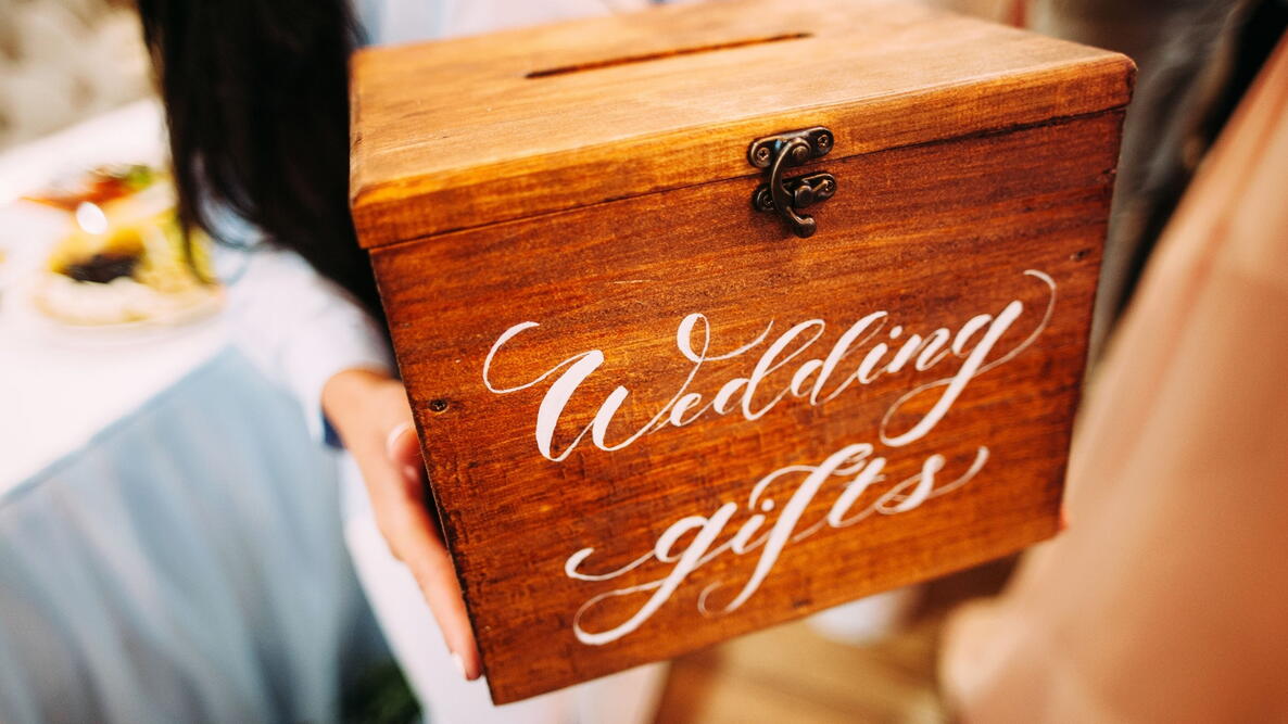 wooden box that says wedding gifts on it