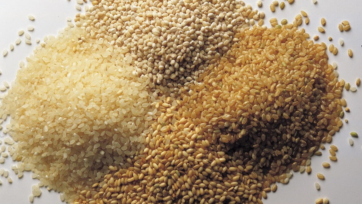 Grains, including brown rice, farro, and quinoa