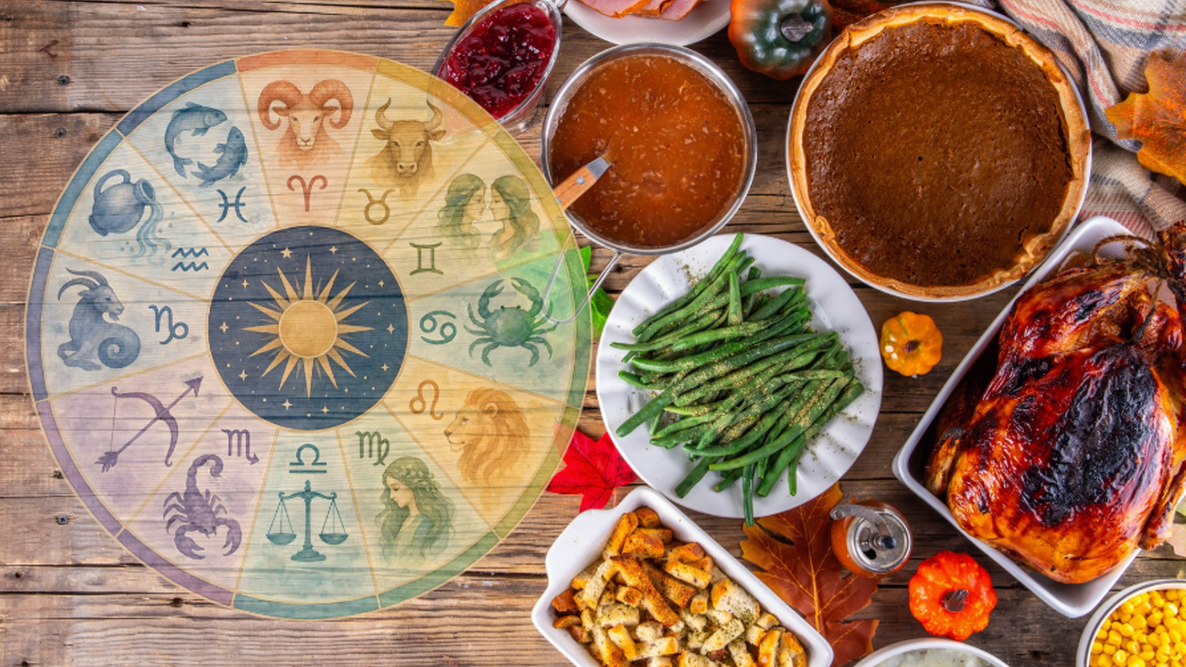 Thanksgiving side dishes on a table with the zodiac wheel