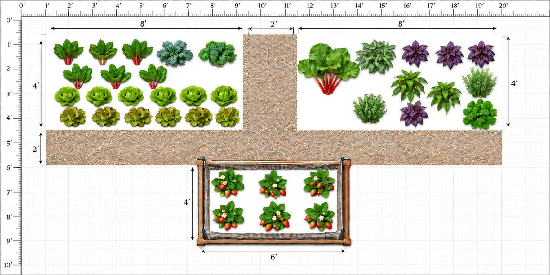 Backyard vegetable garden plan with two 8 × 4-foot in-ground beds, 2-foot mulch paths, and an optional 6 × 4-foot netted strawberry bed.
