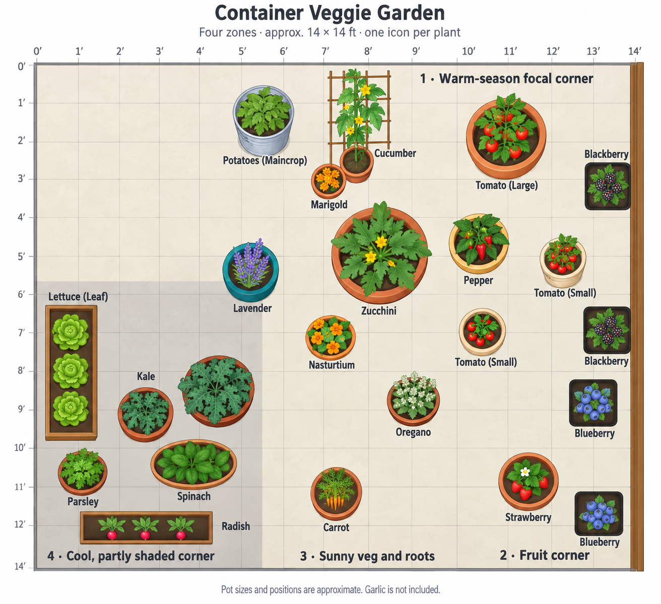 Top-down container vegetable garden layout showing tomatoes, zucchini, peppers, herbs, berries, and cool-season greens arranged in pots and planters.