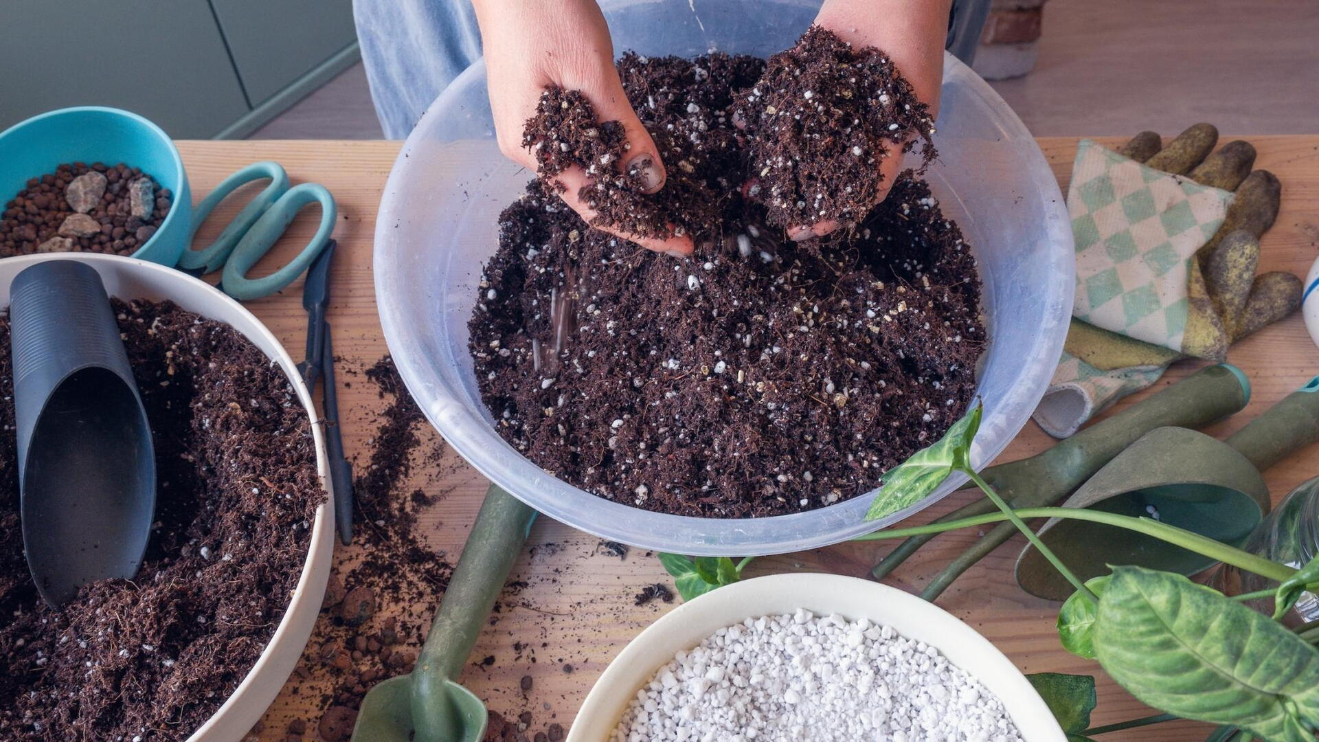 Hands mixing perlite into potting soil”