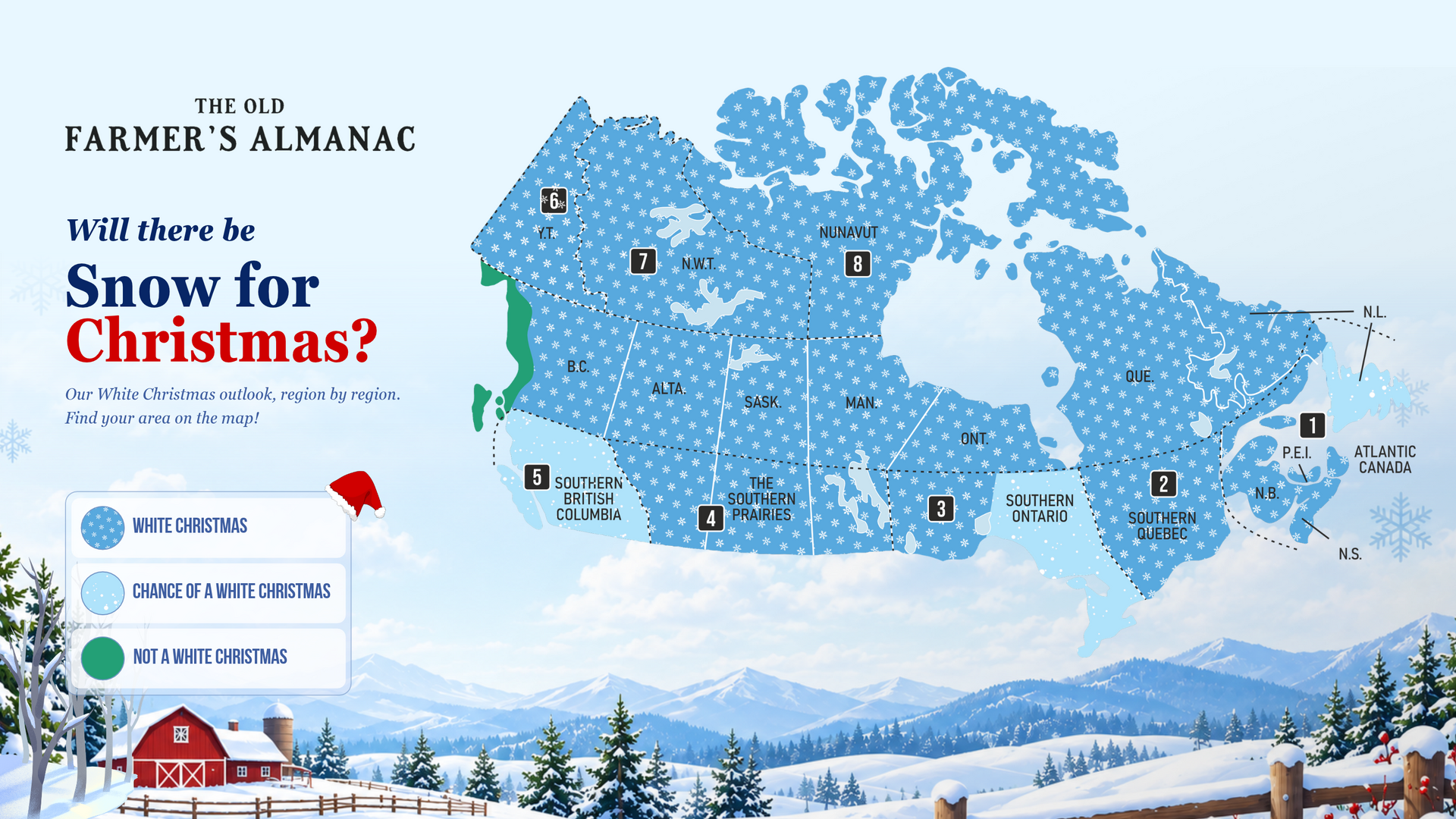 2026 Canada White Christmas forecast map showing a White Christmas across much of northern Canada, with chances in parts of southern Canada.