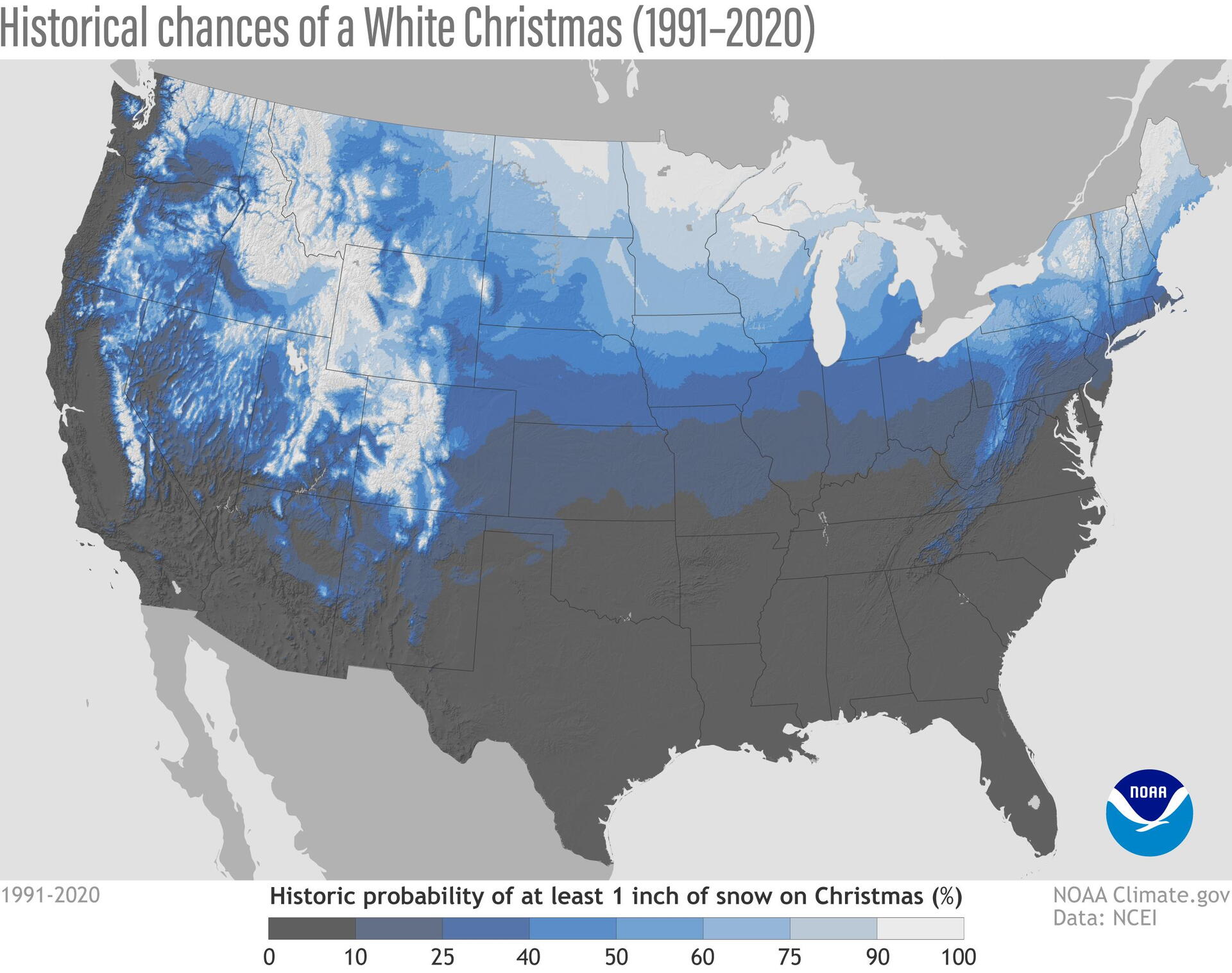 NOAA map showing historical White Christmas probabilities across the contiguous United States, with the highest chances in northern states and mountain regions.