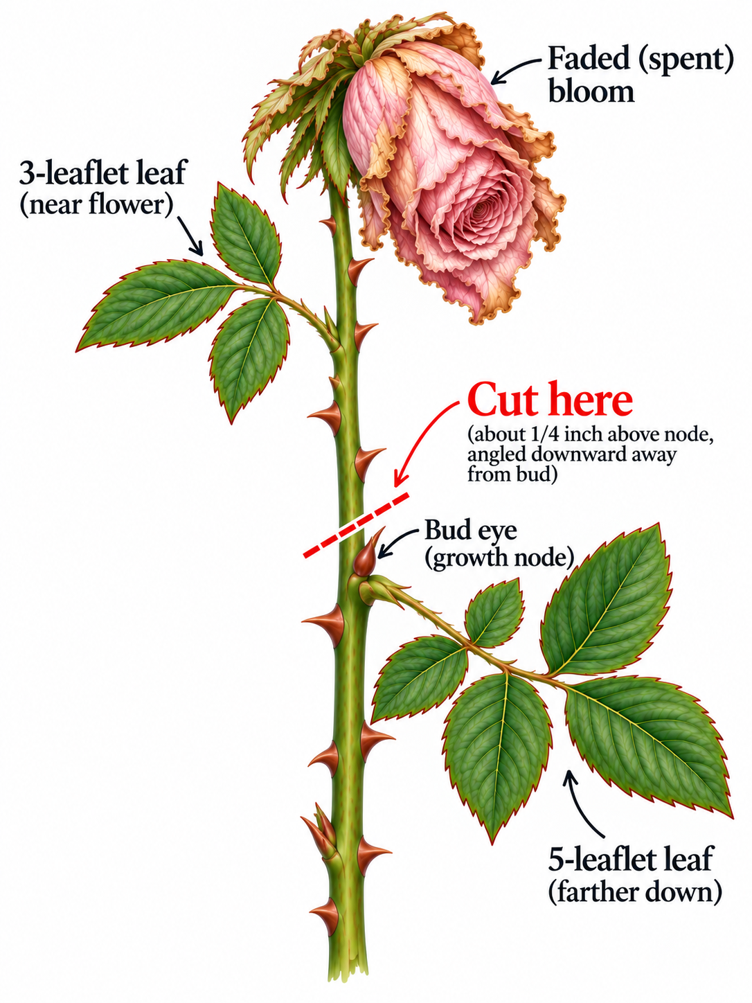 Botanical illustration of a faded rose showing a three-leaflet leaf near the flower, a five-leaflet leaf farther down the stem, and an angled cutting line above an outward-facing bud eye.