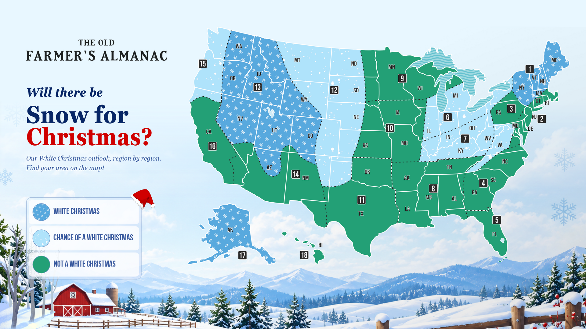 2026 U.S. White Christmas forecast map showing a White Christmas in the Northeast, Intermountain, and Alaska, with chances in several other regions.