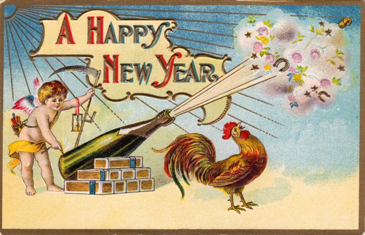 happy new year postcard, cherub shooting champagne over a rooster
