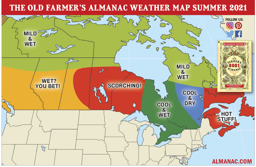 Old Farmer's Almanac 2021 Summer Weather forecast map for Canada