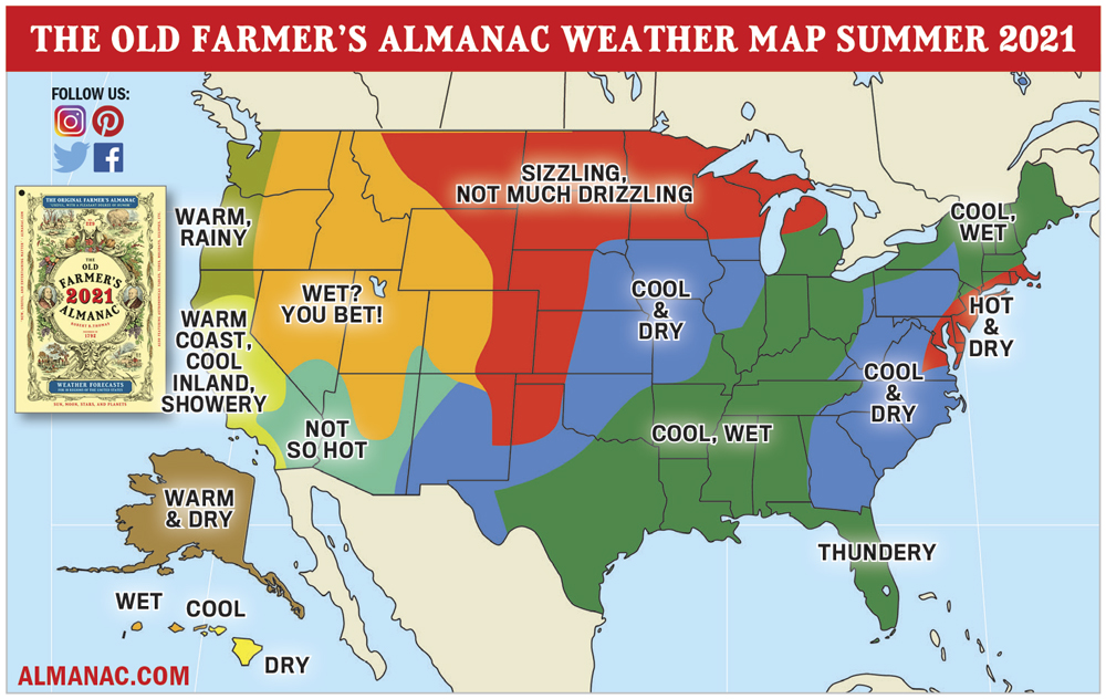 Old Farmer's Almanac 2021 Summer Weather Forecast map