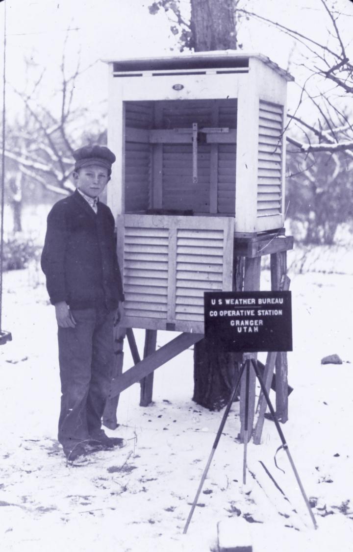 A cooperative weather station at Granger, Utah, circa 1930, where volunteers observed temperature, precipitation, and other weather conditions. Image courtesy of NOAA.